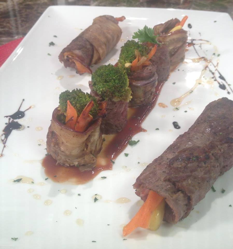 Churrasco relleno de calabaza caramelizada y vegetales