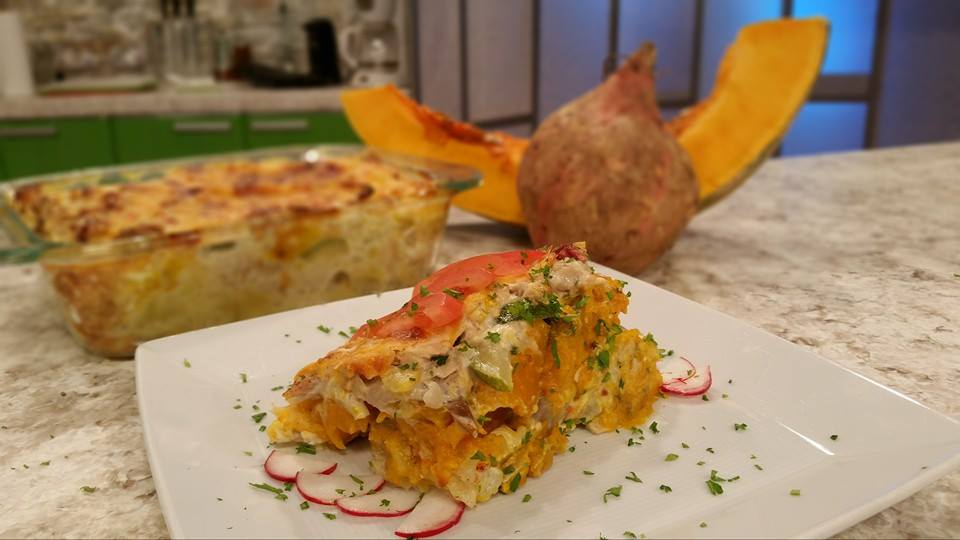 Pastelón de batata, calabaza y pollo
